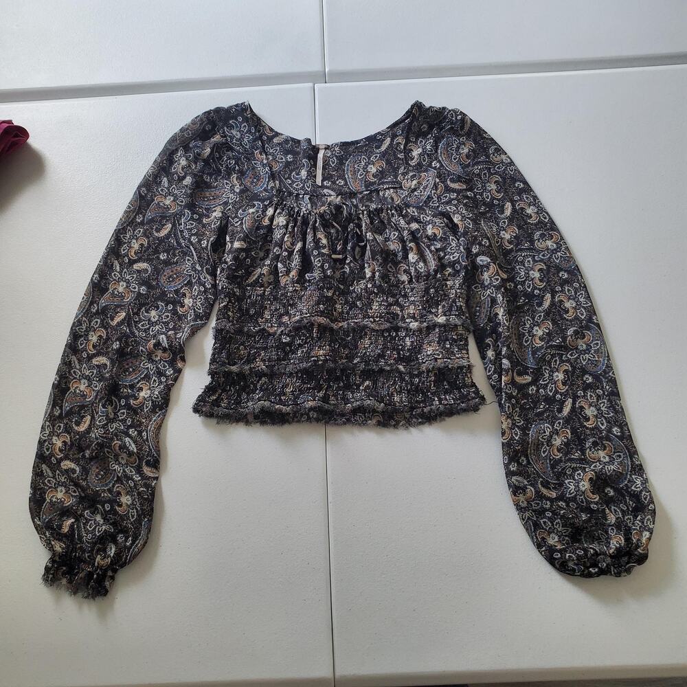 Free People Shirt Womens XS Black Paisley Smocked Long Sleeve Boho Corset Fairy